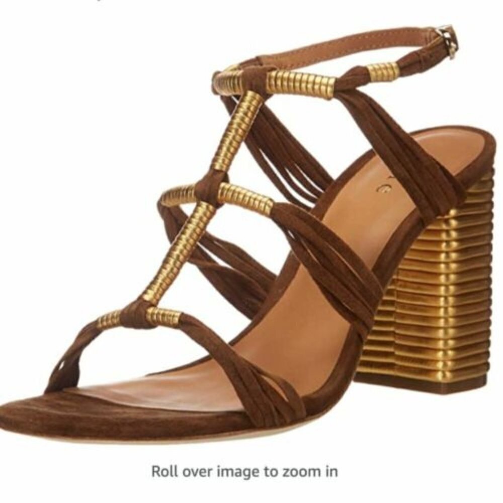 Joie Odella heeled sandal, brown suede and gold upper, gold heel, size 9.5